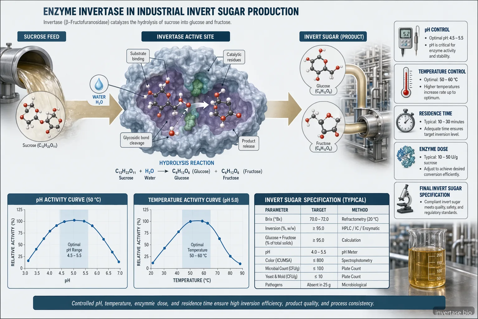 enzyme invertase invert sugar production diagram showing sucrose hydrolysis to glucose and fructose with pH and temperature controls