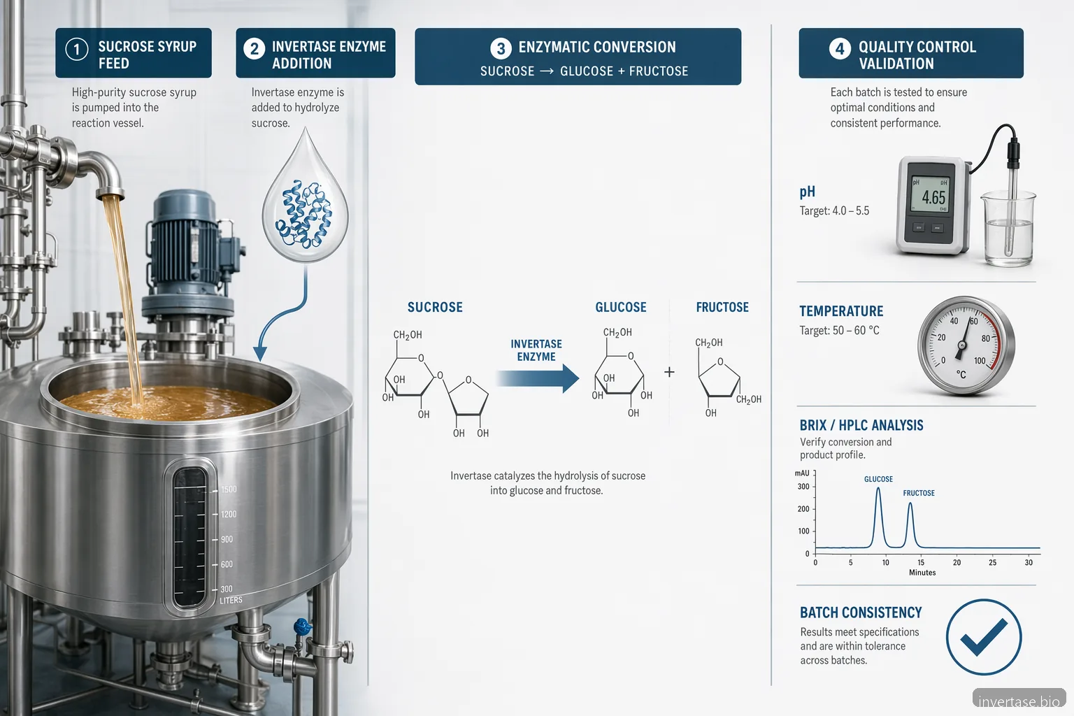 hydrolysis of sucrose by invertase industrial invert sugar, showing enzyme conversion, process controls, and QC checks