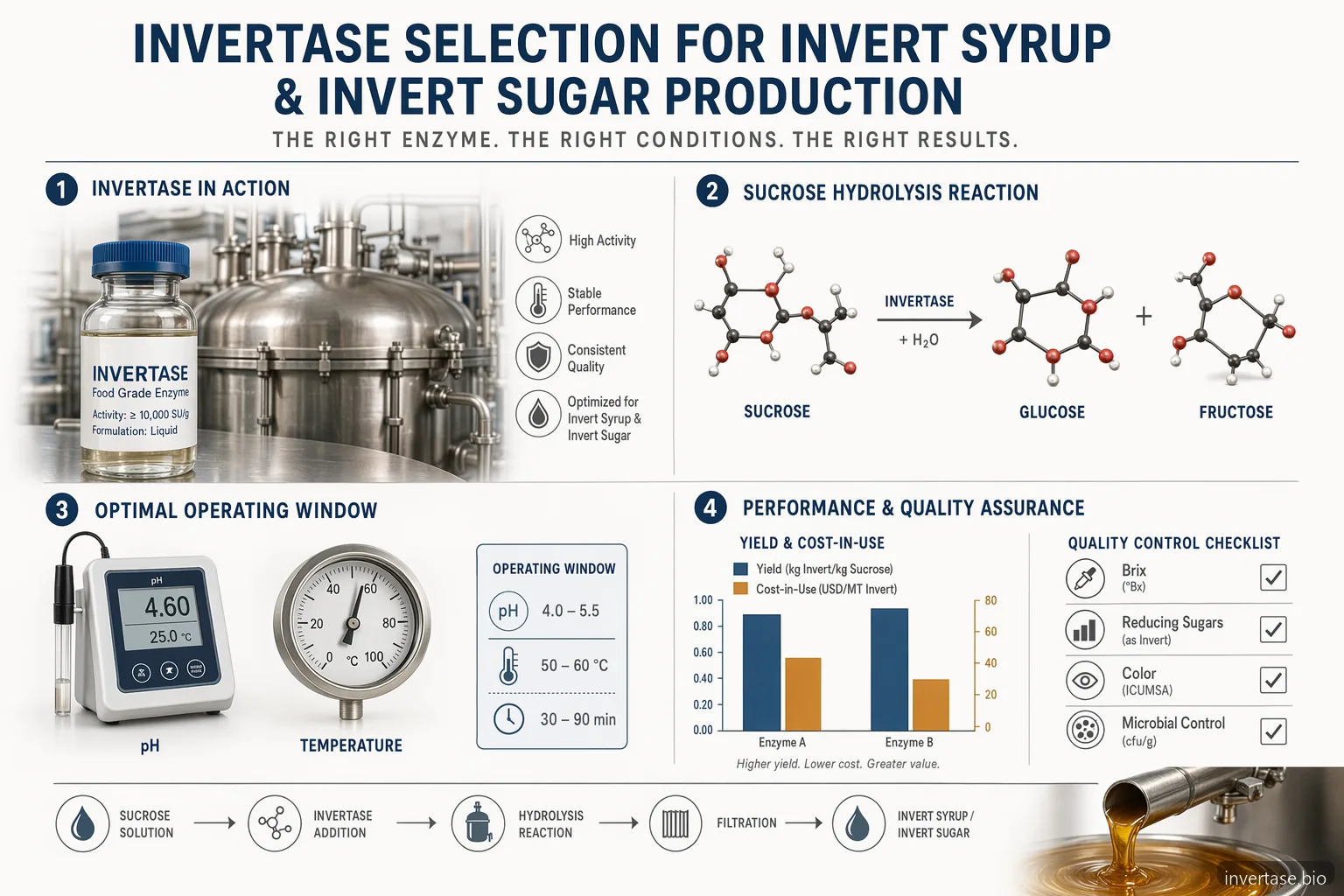 invert syrup supplier guide showing enzyme specs, process window, QC checks, and cost-in-use factors