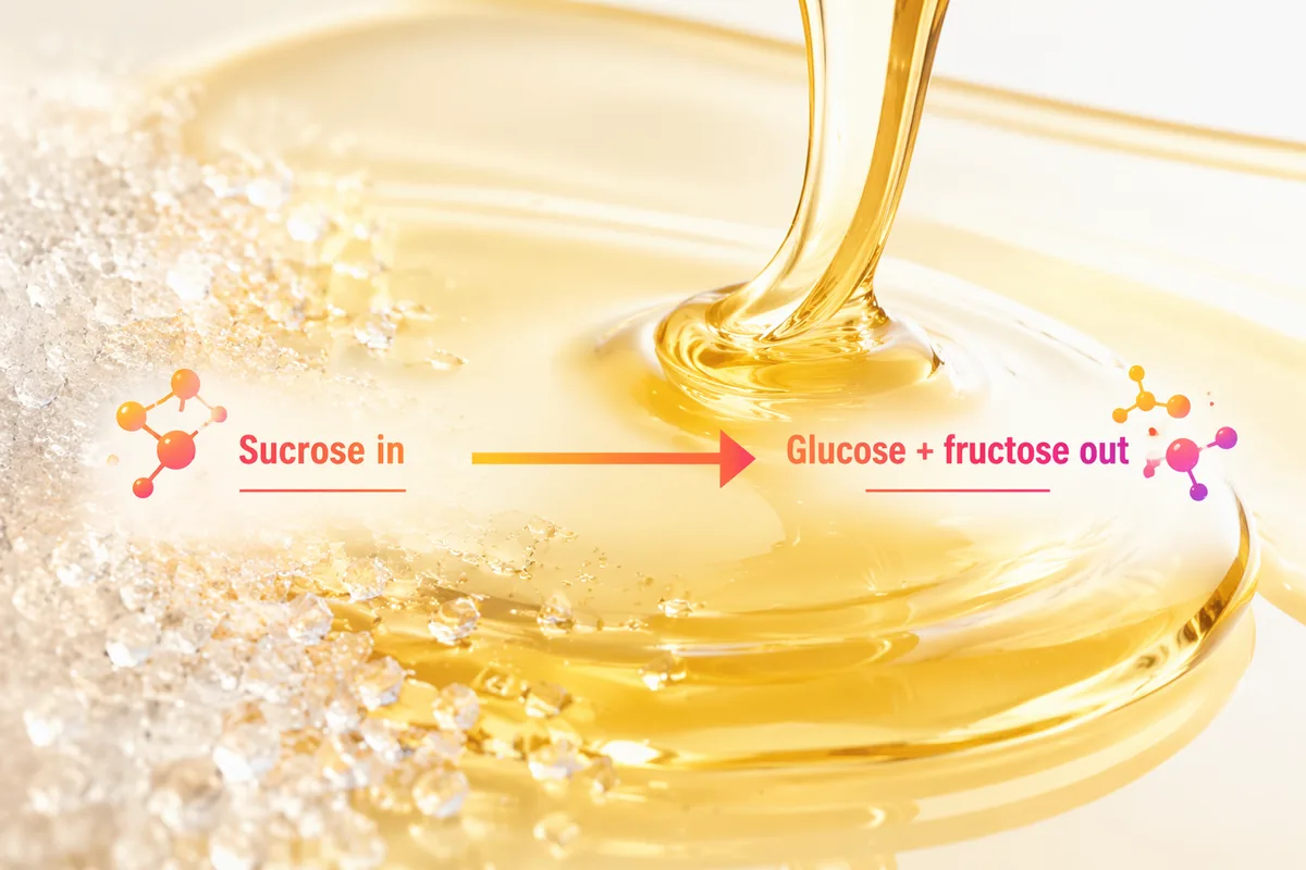 Sugar crystals and golden syrup labelled sucrose in and glucose plus fructose out