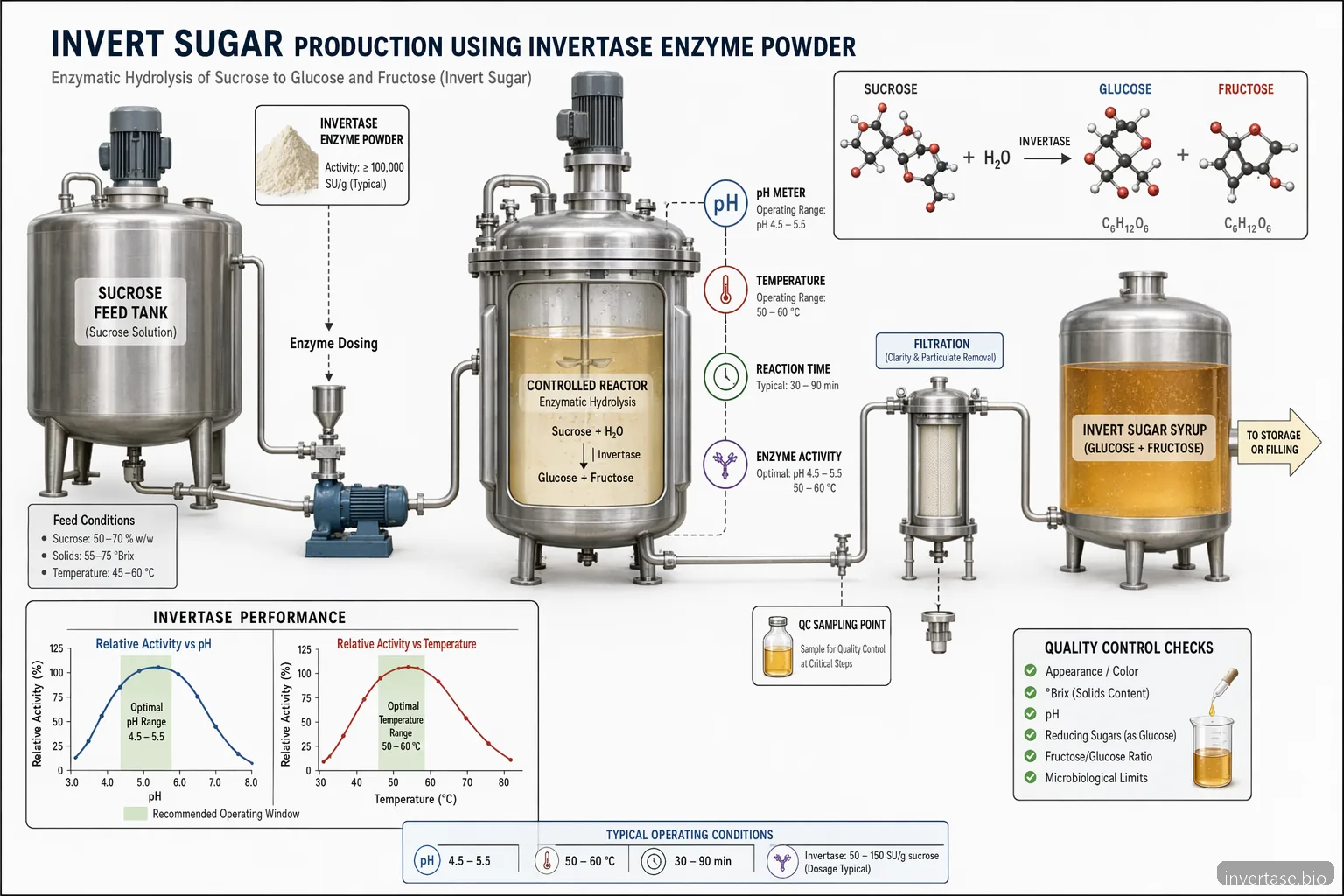 invertase enzyme powder process conditions diagram with sucrose-to-invert-sugar reaction, pH, temperature, and QC checkpoints