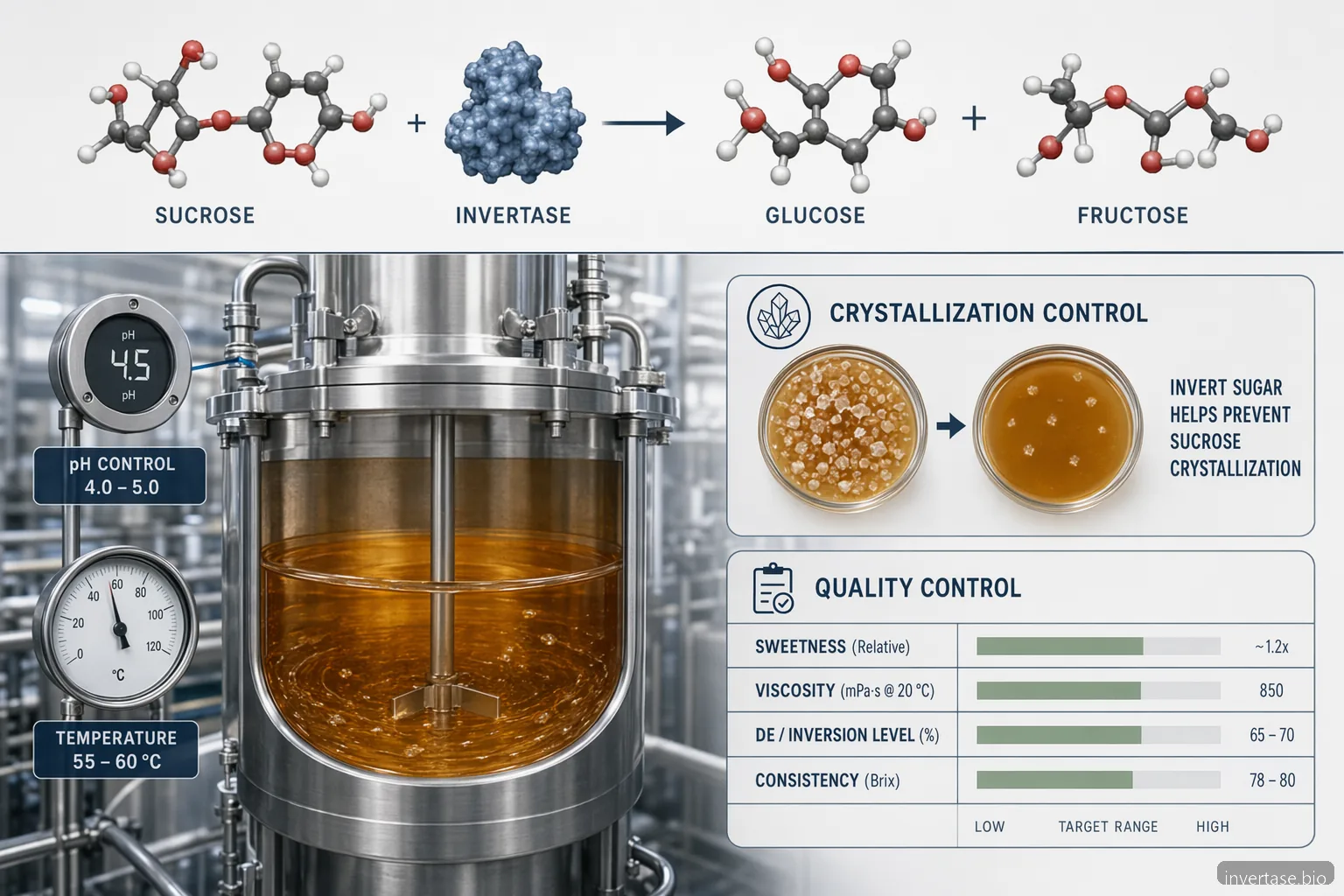 what is invert sugar guide to invertase, showing sucrose splitting into glucose and fructose for syrup control